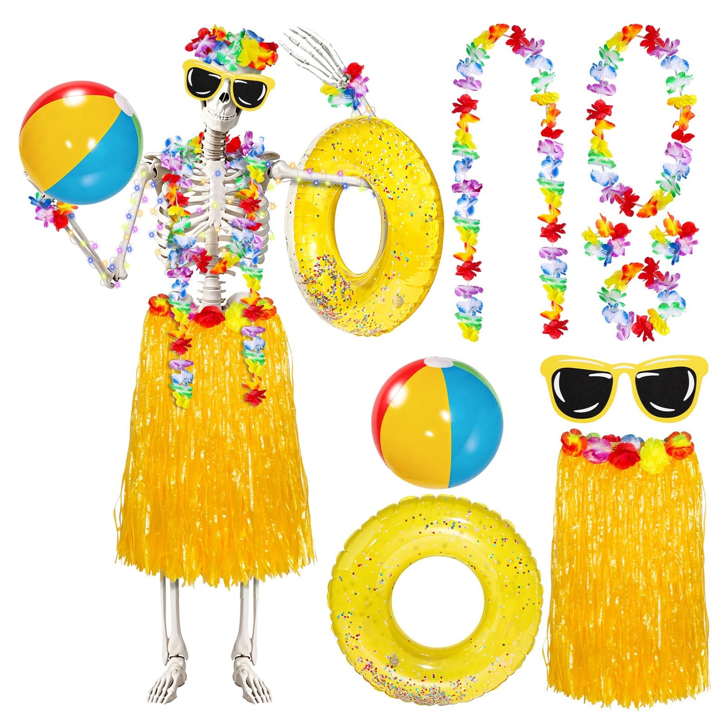 12 ft Summer Skeleton Outfits Accessories, 10 Pcs Hawaiian Hula Giant Skull Grass Skirt Costume Clothing Kit with Sunglasses Swim Rings & Beach Balls for Outdoor Yard Lawn Summerween Luau Decorations