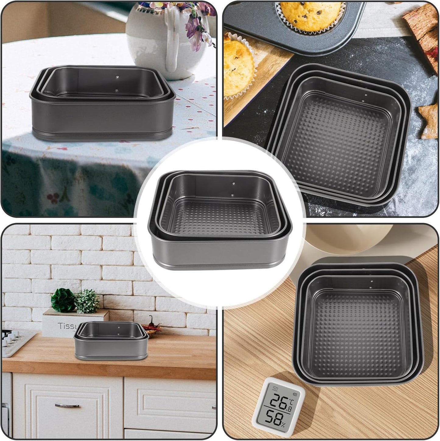 ULTNICE 3PC Non Stick Baking Pan Set, Deep Baking Pans for Cake, Loaf, Square, Muffin Molds Baking Supplies
