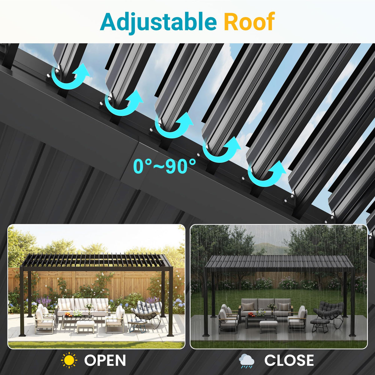 Louvered Pergola, 12' x 16' Outdoor Pergola, Metal Patio Gazebo with Adjustable Louvers Roof and Gutter System, Metal Hardtop Gazebo for Patio, Backyard, Deck, Garden, Dark Gray