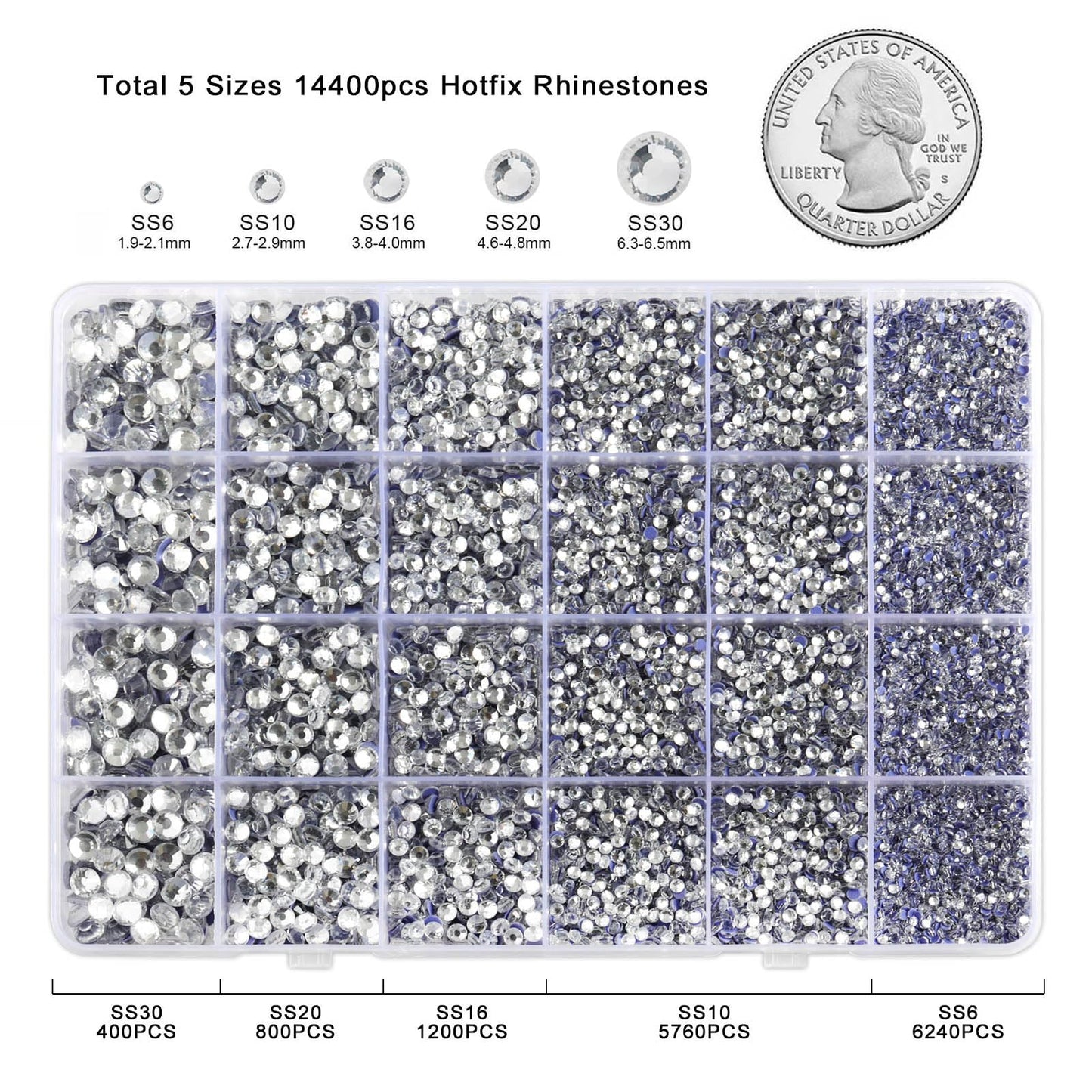 Crystal Hotfix Rhinestones Multi Sizes Kit, 14400 pcs Heat Fix Rhinestone for Bedazzling Clothes Crafts Mixed 5 Sizes with Wax Pencil, Tweezers and Spoon, SS6-SS30, Crystal