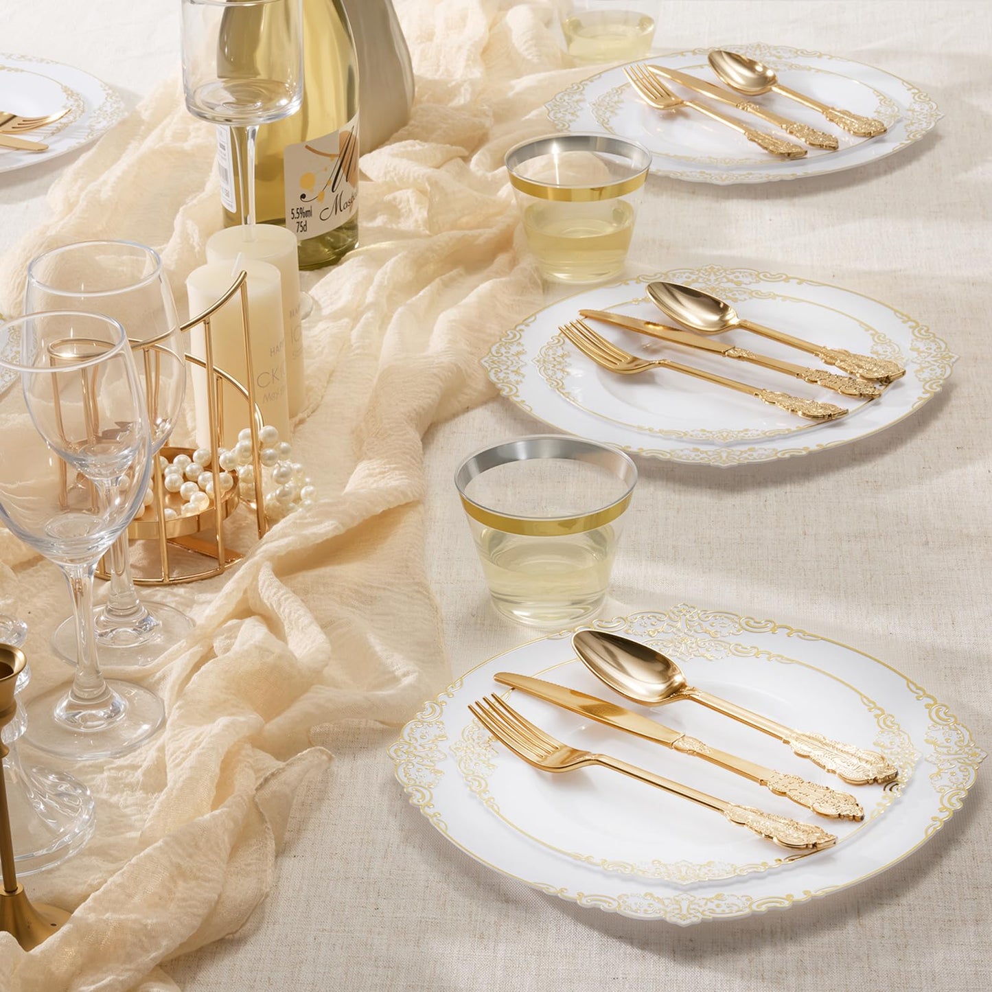 Goodluck 250 PCS Vintage White & Gold Rim Plastic Plates with Cutlery Set - Serves 50 - Heavy Duty Elegant Disposable Dinnerware for Formal Wedding, Catering, Upscale Party