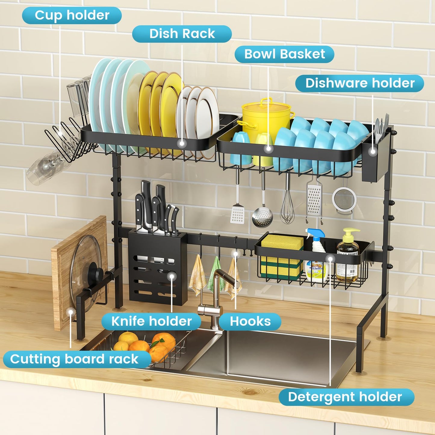 MERRYBOX Over The Sink Dish Drying Rack, 2-Tier Height:20.7in,Length:25.6-33.5in Adjustable,Stainless Steel Dish Drainer with Cutting Board Holder,Large Kitchen Dish Rack Counter Organizer Space Saver