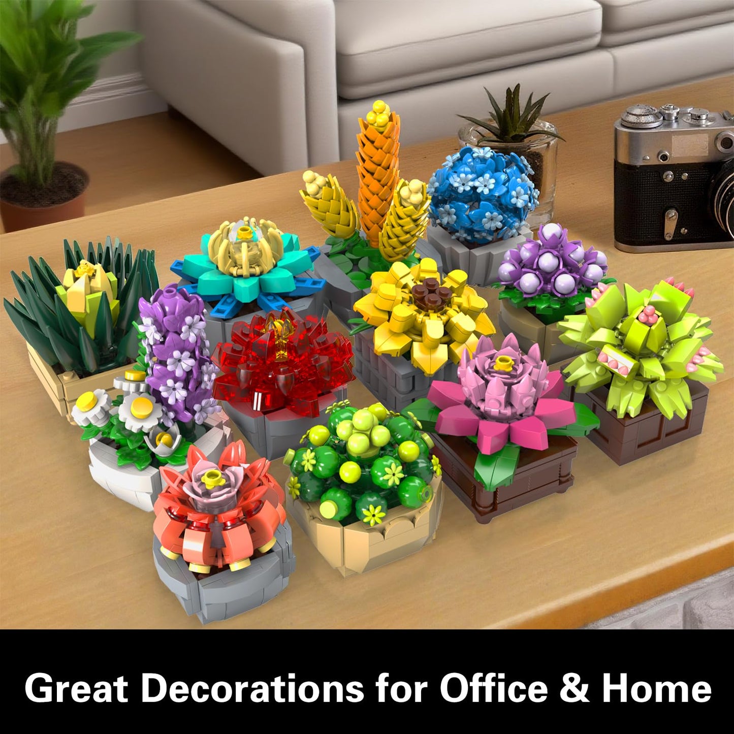Flowers Succulents Building Sets, 12 Tiny Plants, Office Home Decor Botanical Collection Building Block Toy, Creative Birthday Housewarming Gifts, Artificial Plant Kit for Kids Adults Women (1174 PCS)