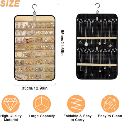 Double Sided Hanging Jewelry Organizer, 32/48 Pockets, 14/21 Hook Loops, Foldable Travel Jewelry Roll Organizer for