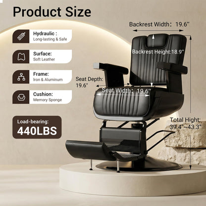 Baasha Vintage Black Reclining Barber Chair, Professional Salon Seat with Thick Padded Cushion and Removable Headrest, Ideal for Braiding and Styling Services