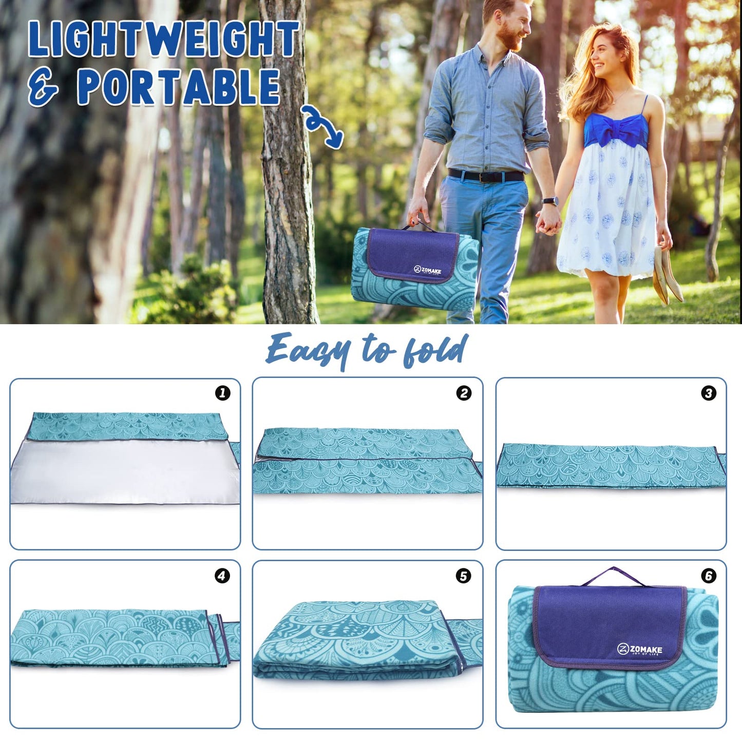 ZOMAKE Picnic Blanket Waterproof Sandproof Large Foldable Blankets,79"x79" Concert, Beach, Yard, Outdoor Grass Mat(Peacock Blue)