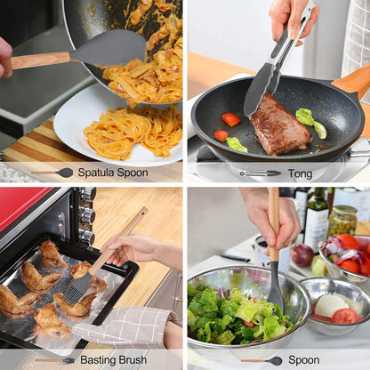 LIANYU 15-Piece Kitchen Silicone Cooking Utensils Set with Holder, Wooden Handle Tools in Black Gray