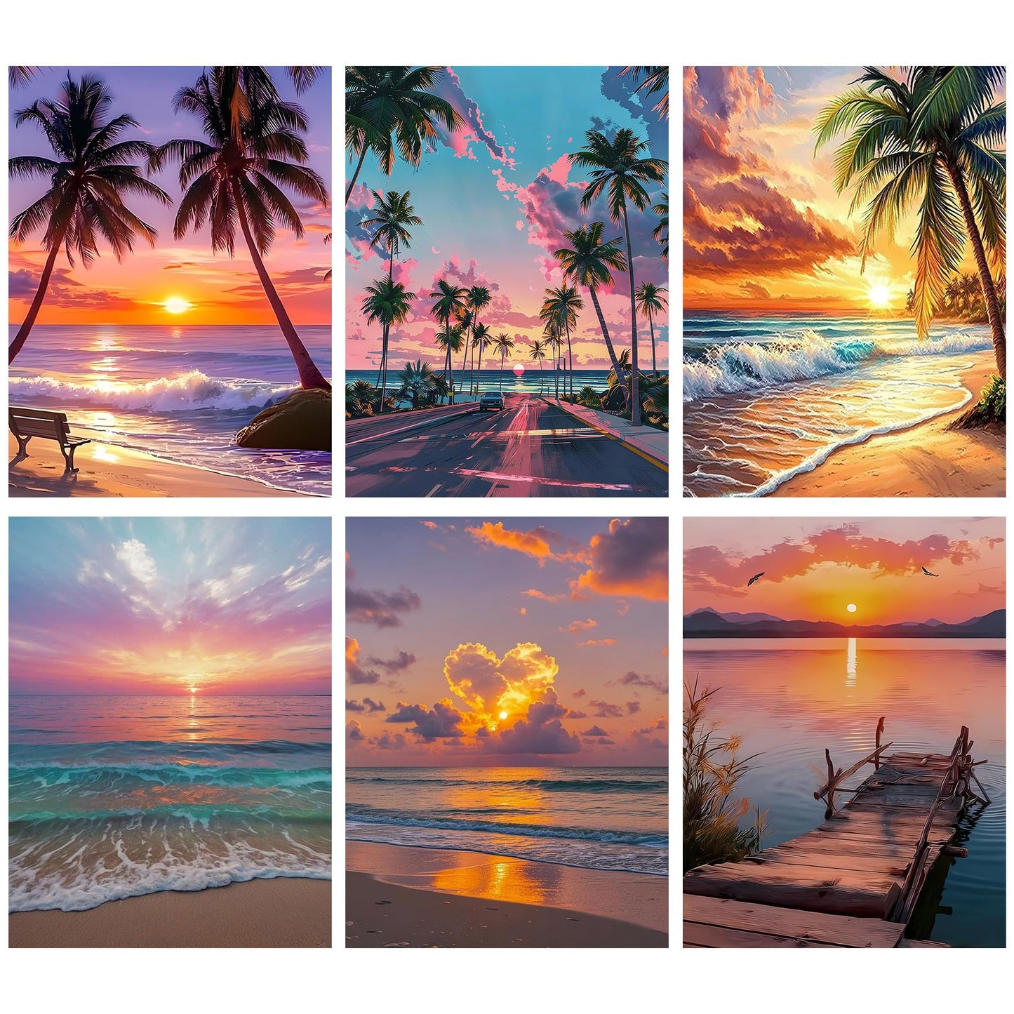 croshom Sunset Diamond Art Kits for Adults, 6 Packs Beach Diamond Painting Kits for Adults Beginners, 5D DIY Full Round Drill Gem Craft for Adult Gifts, Home Wall Decor 12" x 16"