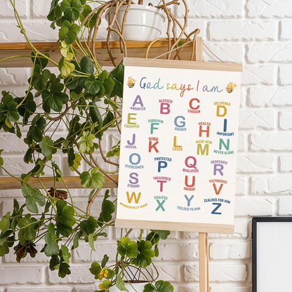 DNEULYR 12x16 Inches God Says I am Alphabet Christian Wall Art Poster for Kids, Bible Verse Affirmations Poster Hanger