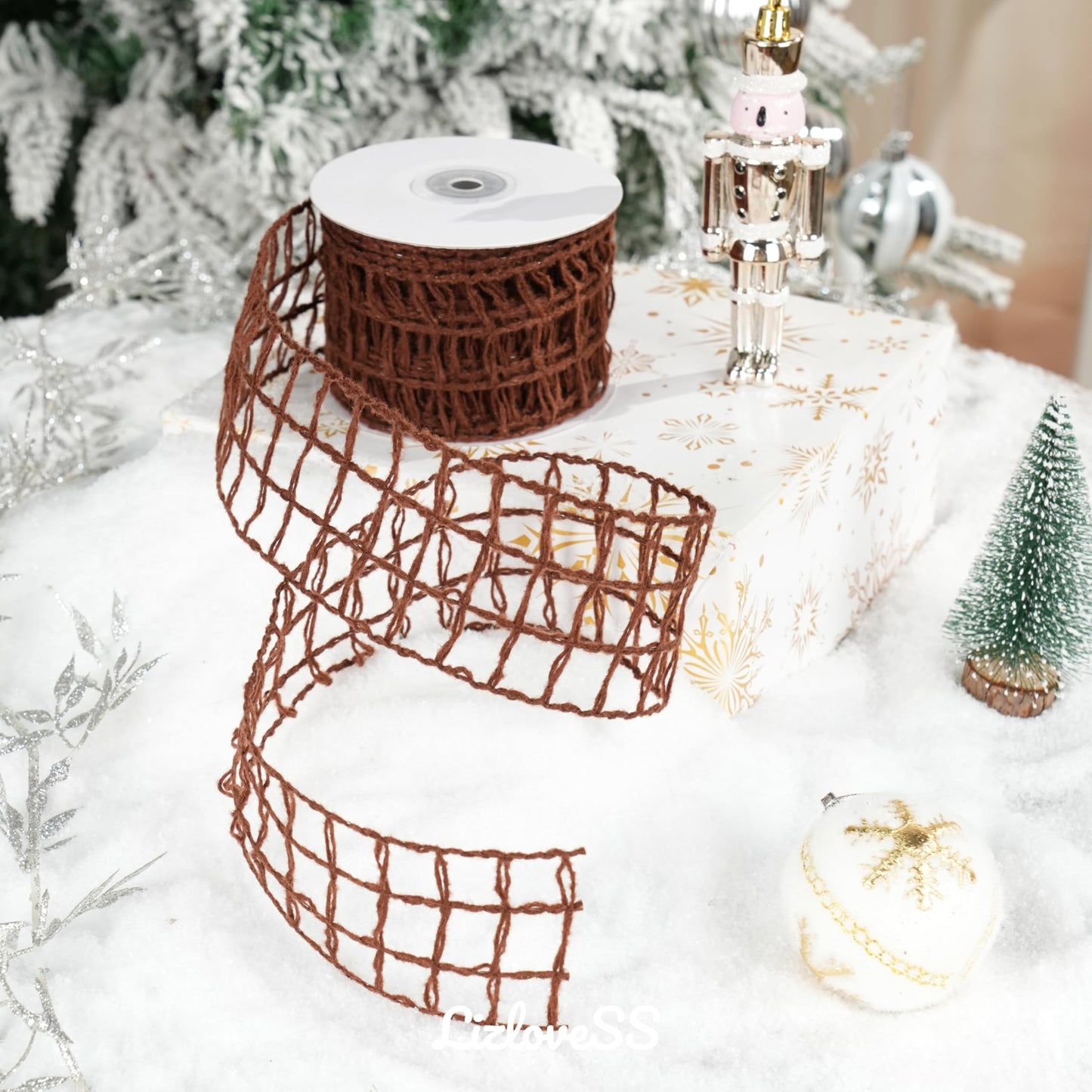 LIZLOVESS Brown Mesh Burlap Wired Ribbon 2.5" x 10 Yards Rustic Wrapping Ribbon Net Ribbon for Christmas Home Decor Wedding Gift Wrapping Tree Topper Bows Wreaths Craft Supplies Thanksgiving Autumn