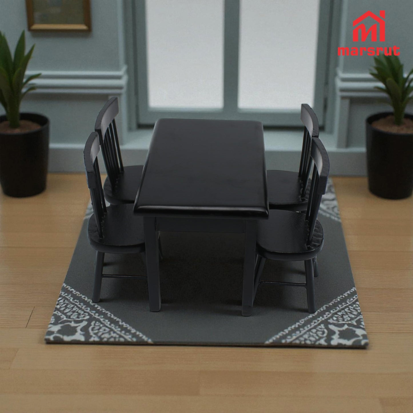 Miniature Dining Table and Chairs Set 5pcs – 1:12 Scale Dollhouse Room Furniture Kitchen Mini Wooden Chair Accessories, Model Accessory Decoration for Doll House DIY Hobby, Black