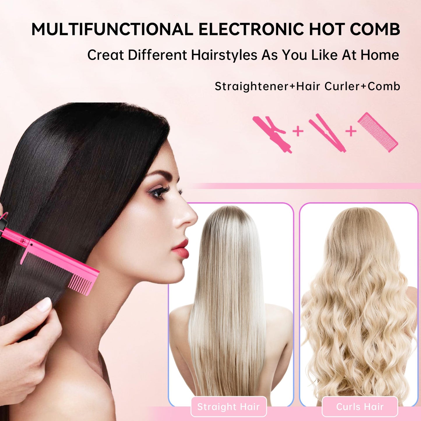 Electric Hot Comb Hair Straightener Heat Pressing Comb Curling Flat Iron Curler Hair Straightener Brush for Natural Black,Anti-Scald Beard Straightening Electric Press Comb