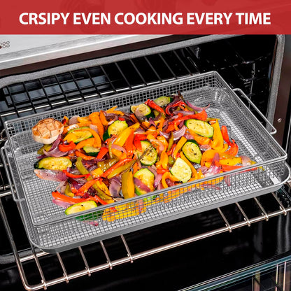 Air Fryer Basket for Oven with 50 Recipes, Extra Large 2 Piece Nonstick Crisper Tray & Basket, Stainless Steel Air Fryer Accessories for Crispy Foods Healthy Cooking, Dishwasher Safe, 16.5” x 12.5”