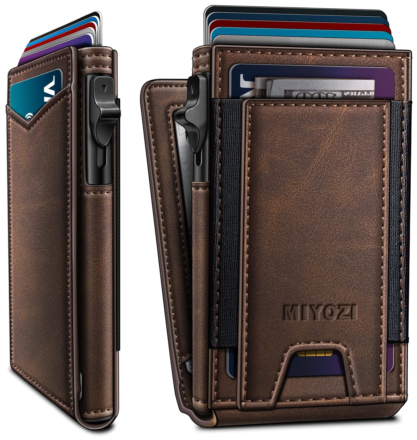 miyozi Wallet for Men, Slim Pop Up Card Holder - RFID Blocking Minimalist Bifold Wallet with ID Window, Holds 9-11 Cards & Stretchable Strap, Metal Flip Case with Magnetic Closure, Gift Box