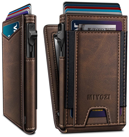miyozi Wallet for Men, Slim Pop Up Card Holder - RFID Blocking Minimalist Bifold Wallet with ID Window, Holds 9-11 Cards & Stretchable Strap, Metal Flip Case with Magnetic Closure, Gift Box