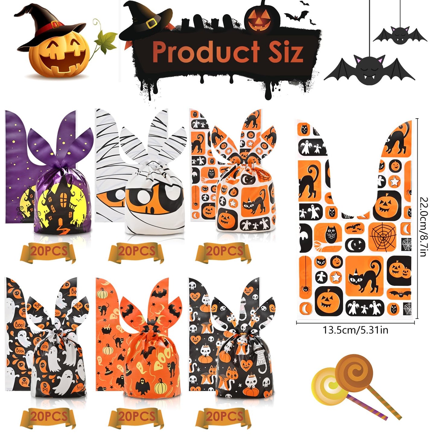 AhfuLife 120 PCS Halloween Treat Candy Bags, 6 Designs Halloween Goodie Bags for Trick or Treat, Small Cute Rabbit Ears Snack Bags for Party Supplies Favors