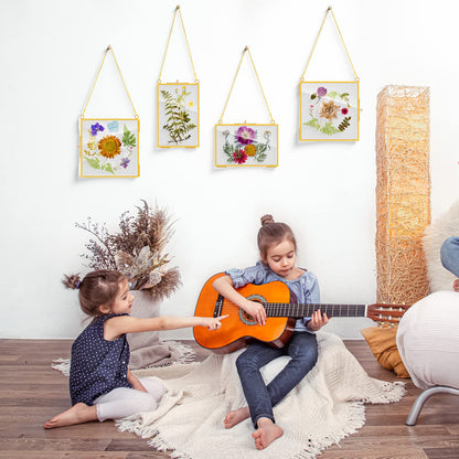 Chunful 9 Pieces Double Glass Frame for Pressed Flowers Hanging Picture Frames Photo Display Gold Metal Brass Floating Frame with Chain for Artwork Art Specimen Wall Plant DIY Gallery, 3 Sizes