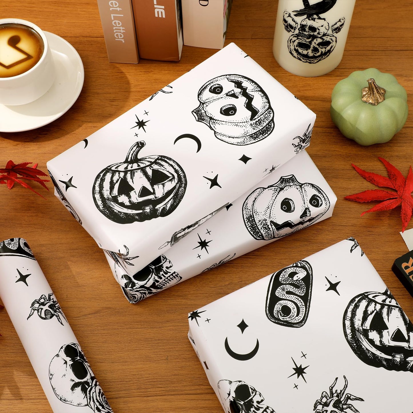 Whaline Halloween Wrapping Paper -Mini Roll- 17 In x 32.8 Ft Beige Black Skull Pumpkin Viper Gift Wrap Paper for Halloween Wrapping Supplies