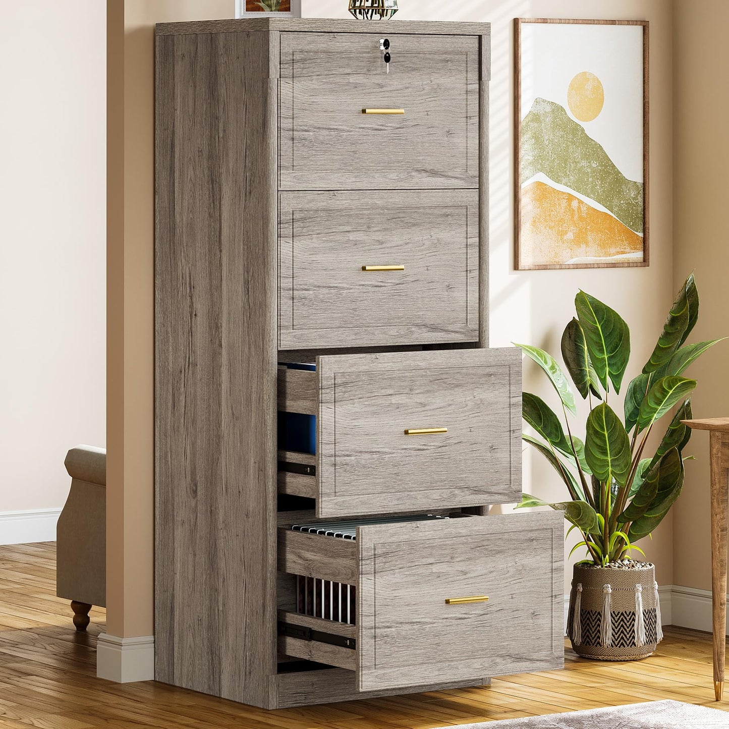 Tribesigns 4-Drawer File Cabinet with Lock, Locked File Cabinet with Key, Tall Wooden Filing Cabinets for Home Office, Vertical Office Storage for Legal Size/Letter/A4/Files, Grey