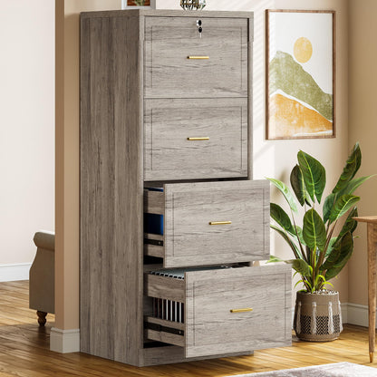 Tribesigns 4-Drawer File Cabinet with Lock, Locked File Cabinet with Key, Tall Wooden Filing Cabinets for Home Office, Vertical Office Storage for Legal Size/Letter/A4/Files, Grey