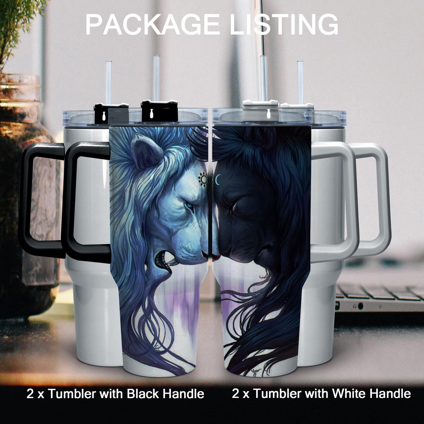 sweet grain Sublimation Tumblers 40 oz with Handle(4 Pack) - Stainless Steel Double Wall Vacuum Insulated Large Tumbler Bulk with Removable Handle and Straw - Black & White Handle