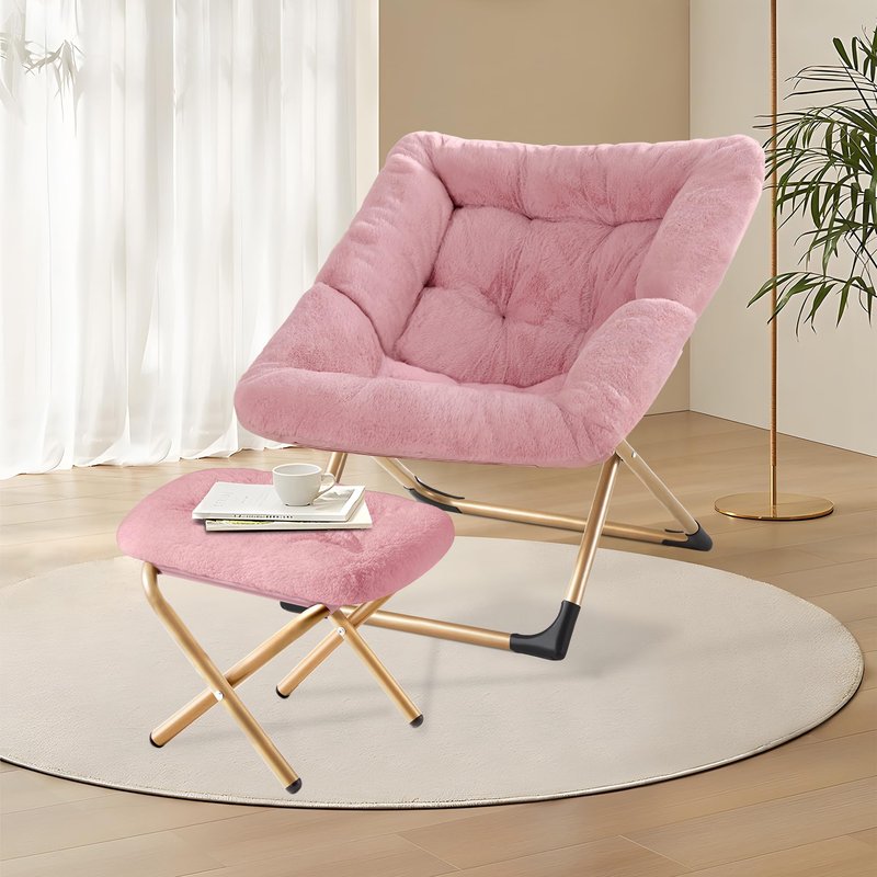 Youtanic Comfy Oversized Saucer Chair with Ottoman,Soft Faux Fur Reading Lounge Chair for Adults,Stable X-Large Metal Frame and Non-Slip Pad,Cozy Chair for Bedroom, Living Room, Dorm, Office, Pink