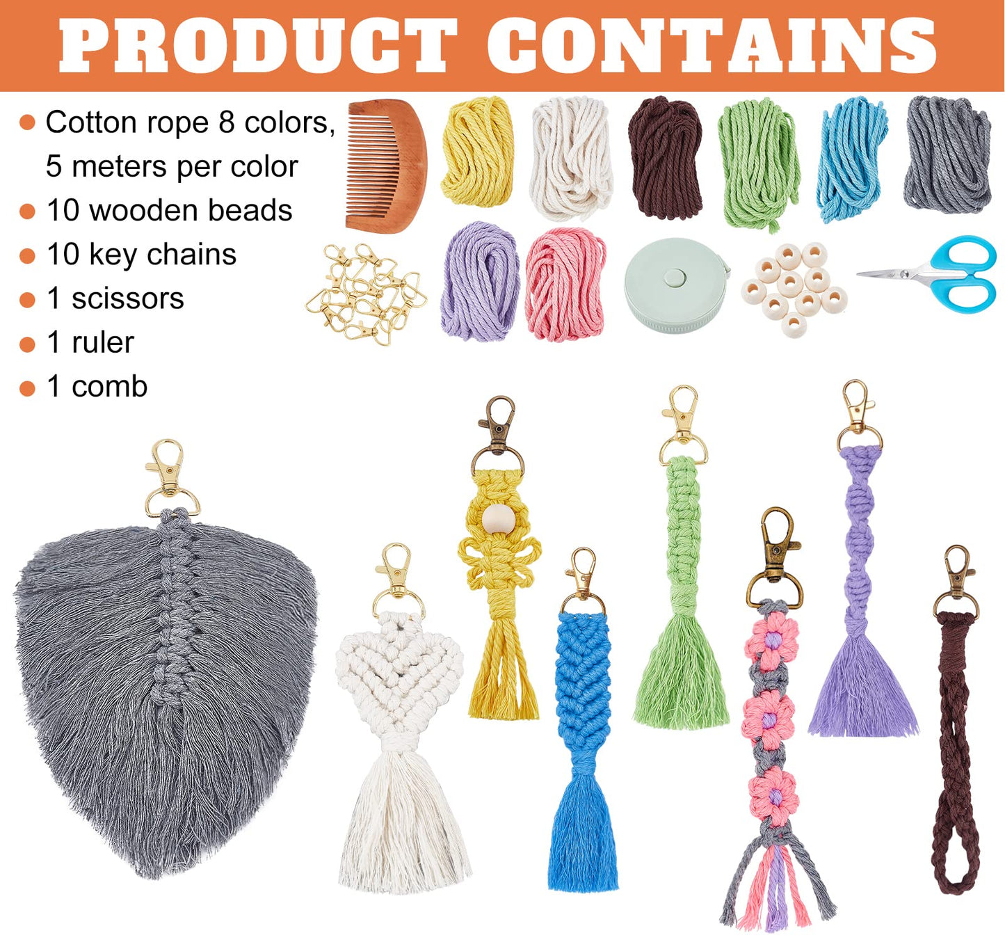 INFUNLY 8 Set Macrame Keychain DIY Kits Mini Boho Keychains Bag Charms Macrame Keychain Bracelet with Tassels for Car Key Purse Phone Instruction Included