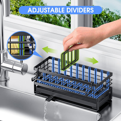 DYFVREN Kitchen Sink Sponge Holder, Rustproof Non-Slip Self-Draining Metal Sink Caddy with Detachable Dish Cloth Holder (Black)