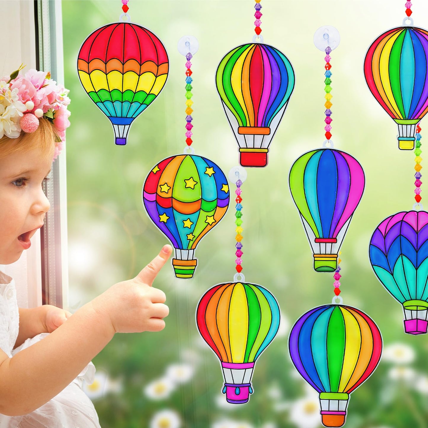 Winlyn 24 Sets Hot Air Balloon Suncatchers Decorations DIY Window Paint Art Craft Kits Rainbow Hot Air Balloon Painting Kit for Kids Classroom Activities Birthday Summer Camping Party Art Project