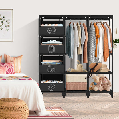 Jofuler Portable Closet, Easy Assembly, Large Capacity Wardrobe Closet, Sturdy and Stable Clothes Rack with Shelves 4 Storage Baskets and 2 Hanging Rods, for Bedroom and Cloakroom Black