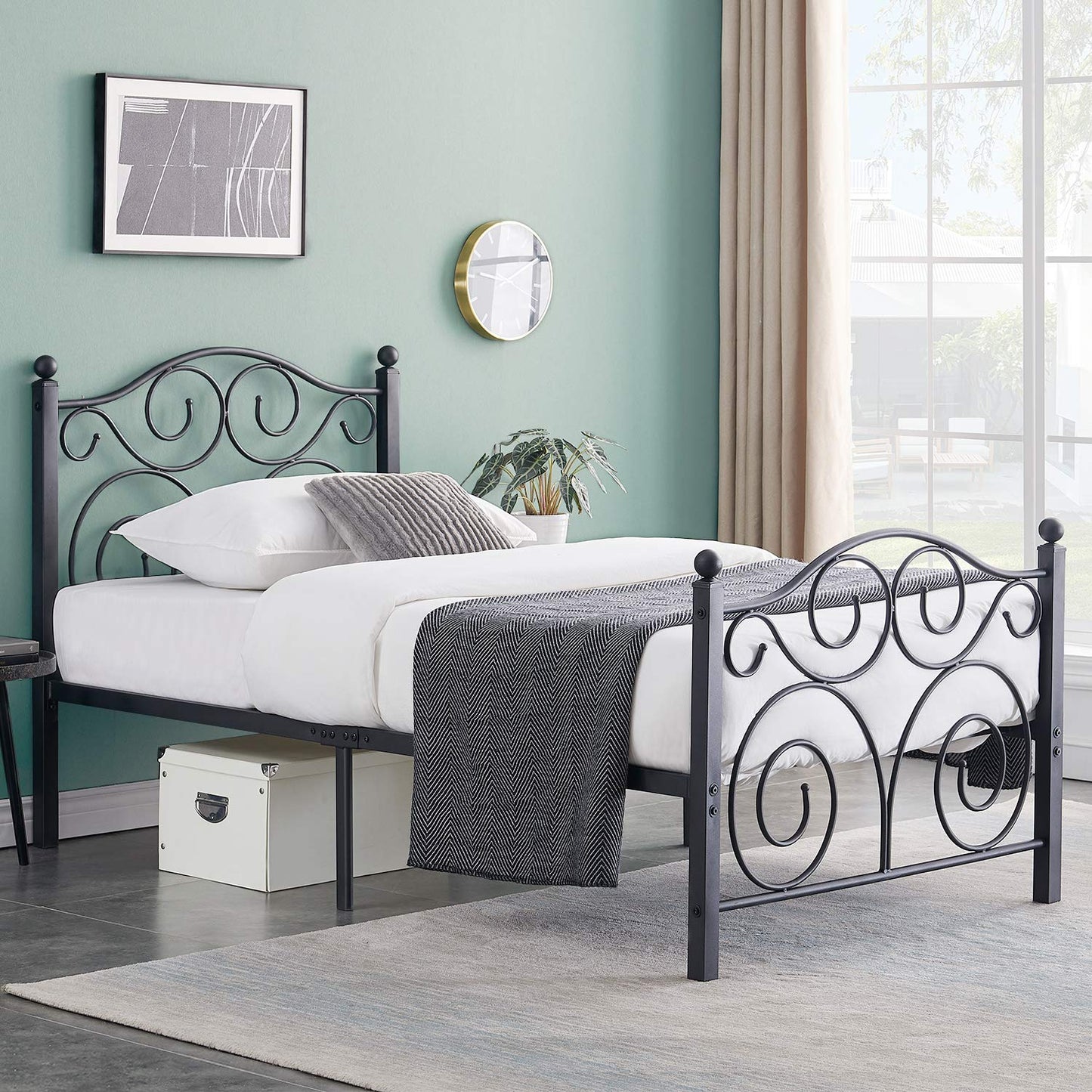 VECELO Twin Size Bed Frame with Headboard/Footboard, Mattress Foundation with Steel Slat Support, Under Bed Storage, No Box Spring Needed, Easy Assembly, White