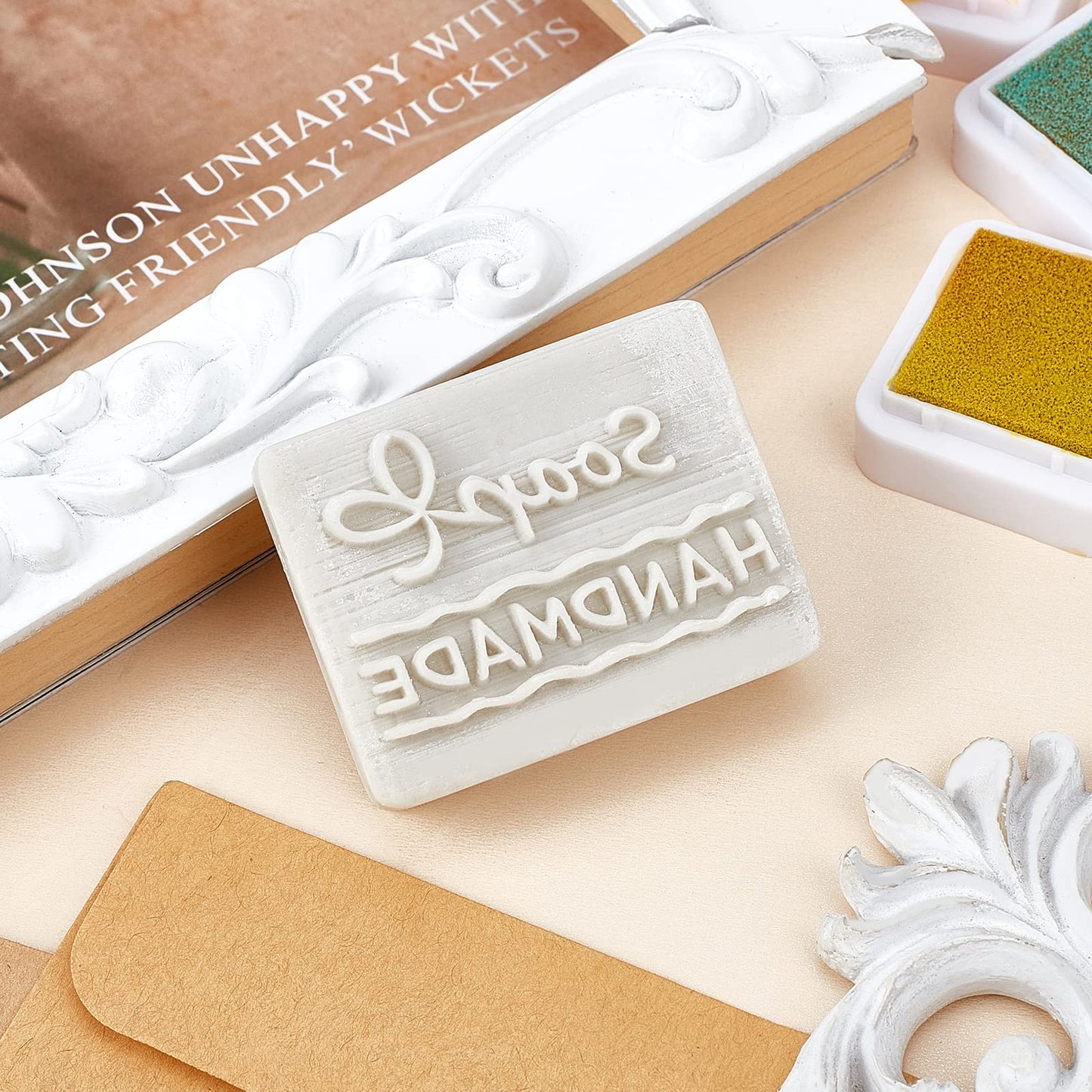CRASPIRE Soap Stamp Handmade White Resin Soap Stamp Words Pattern Soap Embossing Stamp for Clay Biscuits Gummies Arts Crafts Making Projects DIY Gift
