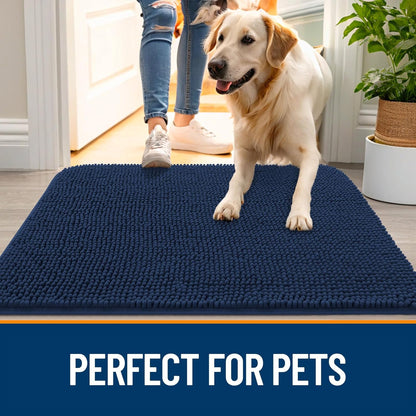 OLANLY Dog Door Mat - Absorbent Non-Slip Chenille Mat for Muddy Paws | 40x32, Dark Blue, Quick Dry