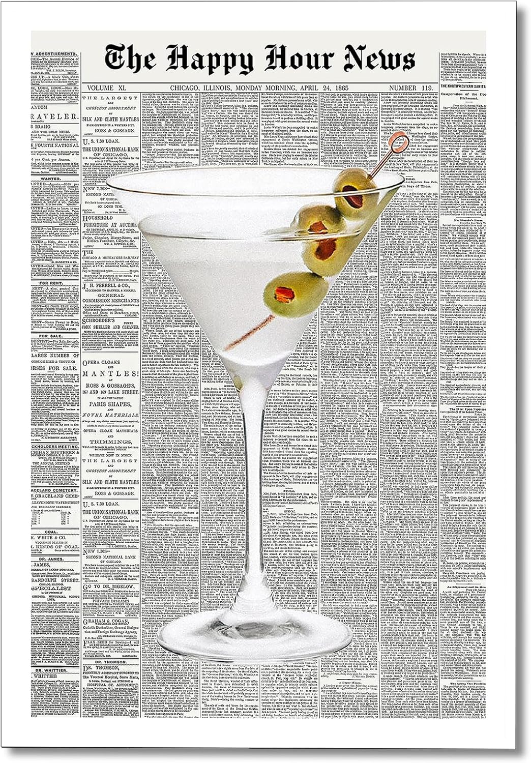 Generic 70's 16x24in Trendy Green Martini Canvas Wall Art Vintage Newspaper Retro Bar Cart Aesthetics Poster Funky