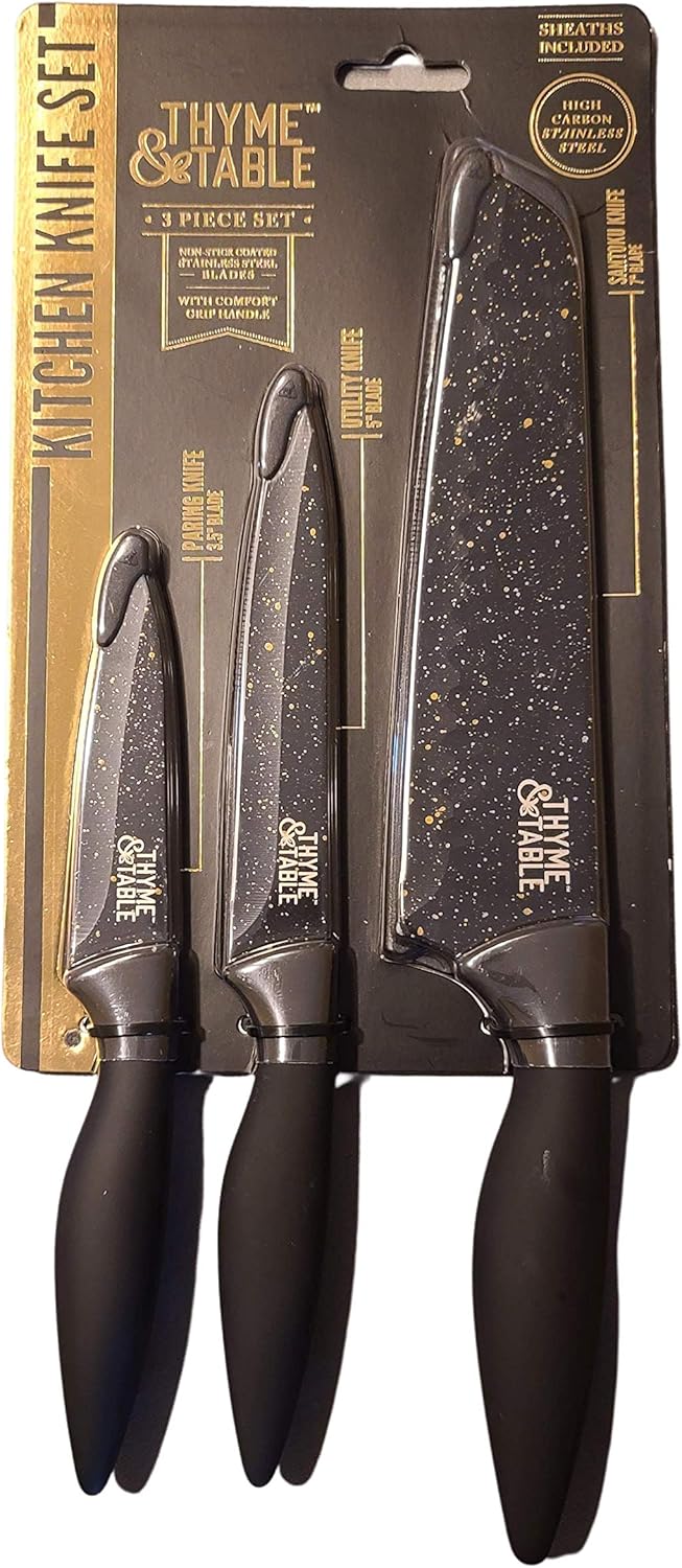 Thyme & Table 3 Piece Knife Set, Non Stick Stainless Steel with Santoku Knife and Comfort Grip Handle