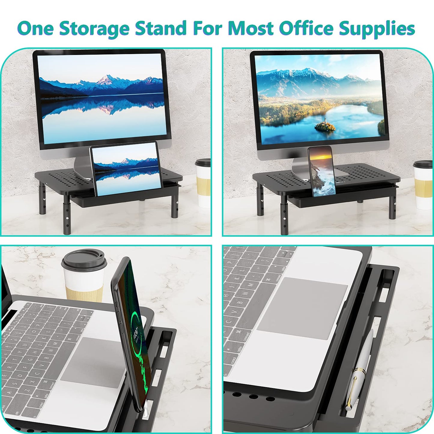 WALI Computer Monitor Stand with Storage, Desk Monitor Riser 3 Height Adjustable, Laptop Riser with Airflow Vents, Desk Organizer for Computer, Laptop, Printer, Notebook (STT003D-B), 1 Pack, Black