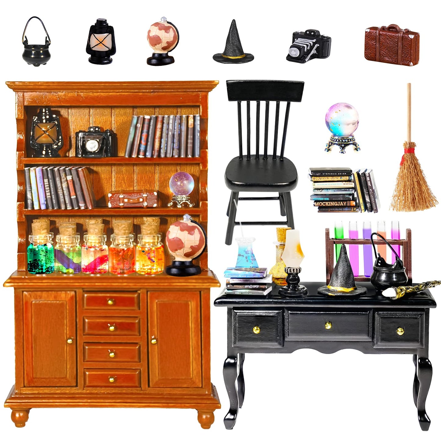 Rileryan 54 Pcs 1:12 Scale Magic Witchy House Kit Halloween Miniatures Furnitures Accessories Mini Wooden Bookshelf Bookcase 30 Mini Books Desk Chair Halloween Decoration Gift