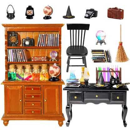 Rileryan 54 Pcs 1:12 Scale Magic Witchy House Kit Halloween Miniatures Furnitures Accessories Mini Wooden Bookshelf Bookcase 30 Mini Books Desk Chair Halloween Decoration Gift