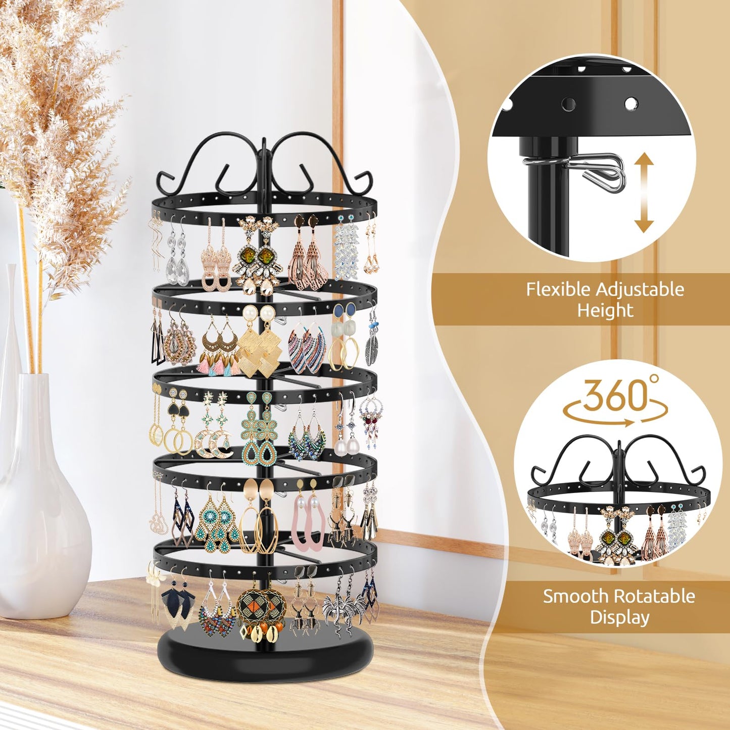 MODOWEY Rotating Earring Holder Organizer Stand, 5 Tier Metal Tree Display for Women Vendors, 220 Holes Adjustable Jewelry rack for Stud Hoop Dangle Storage, Trendy Carousel Keeps Dresser Neat, Black