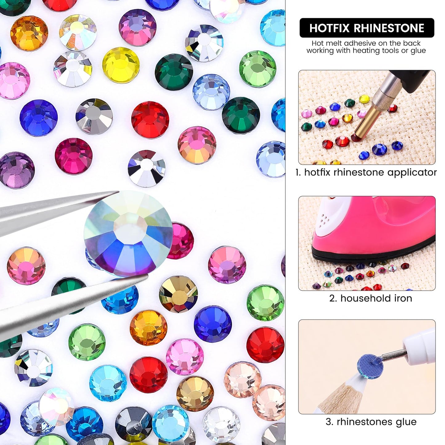 24 Colors Hotfix Rhinestones Kit, SS20 Glass Flatback Crystals for Clothes, Hats, Shoes & Crafts with 4 Tools, Tweezers, Wax, Pencil, Spoon hot fix kit(Color B)