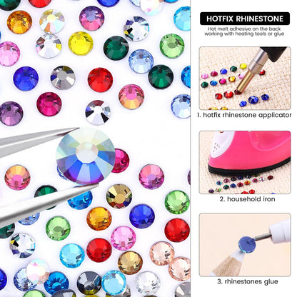 24 Colors Hotfix Rhinestones Kit, SS20 Glass Flatback Crystals for Clothes, Hats, Shoes & Crafts with 4 Tools, Tweezers, Wax, Pencil, Spoon hot fix kit(Color B)