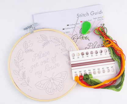 FUNATIC Please Get Out of My House Embroidery Kit | Funny Beginner Needle Work Starter Set for Adult | Needlepoint DIY Art and Craft | Cross Stitch Set with Hoop Floss Needles Threader Printed Fabric