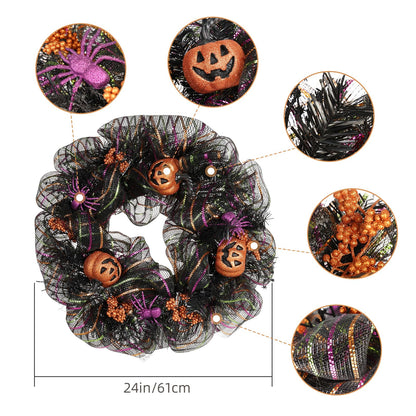 Huadanbor 24 inch Wreath, Halloween Wreath for Front Door, Halloween Spider Decor Pumpkin Skull Wreaths, Wall, Window, Garden and Offices Decor. (Black)