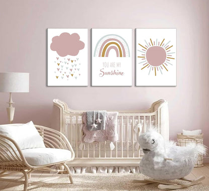 3 Pcs Boho Nursery Canvas Wall Art You Are My Sunshine Pink Sun Rainbow Cloud Painting Pictures Wall Decor Poster Print
