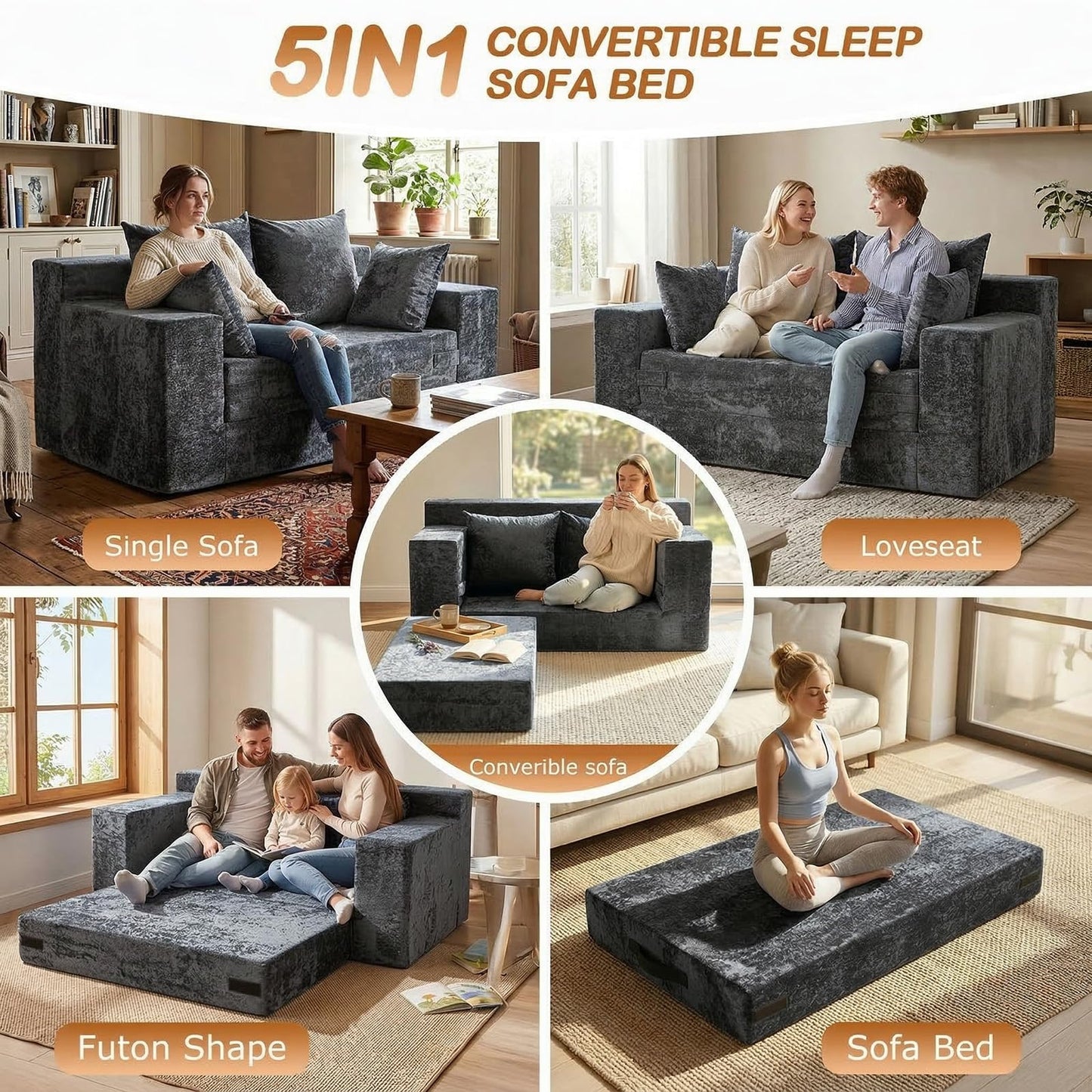 Loveseat Sofa Bed, Convertible Silky Velvet 5-in-1 Foldable Boneless Sleeper Couch, Pull Out Floor Futon Sofa with 4 Pillows, No Assembly Multi-Functional Sofa for Living Room Bedroom Small Apartment