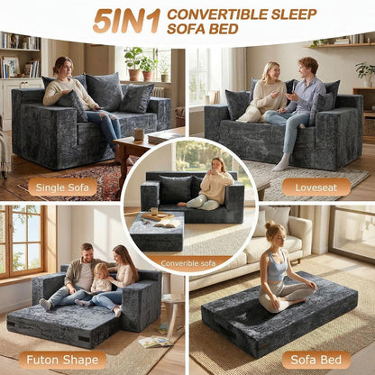 Loveseat Sofa Bed, Convertible Silky Velvet 5-in-1 Foldable Boneless Sleeper Couch, Pull Out Floor Futon Sofa with 4 Pillows, No Assembly Multi-Functional Sofa for Living Room Bedroom Small Apartment