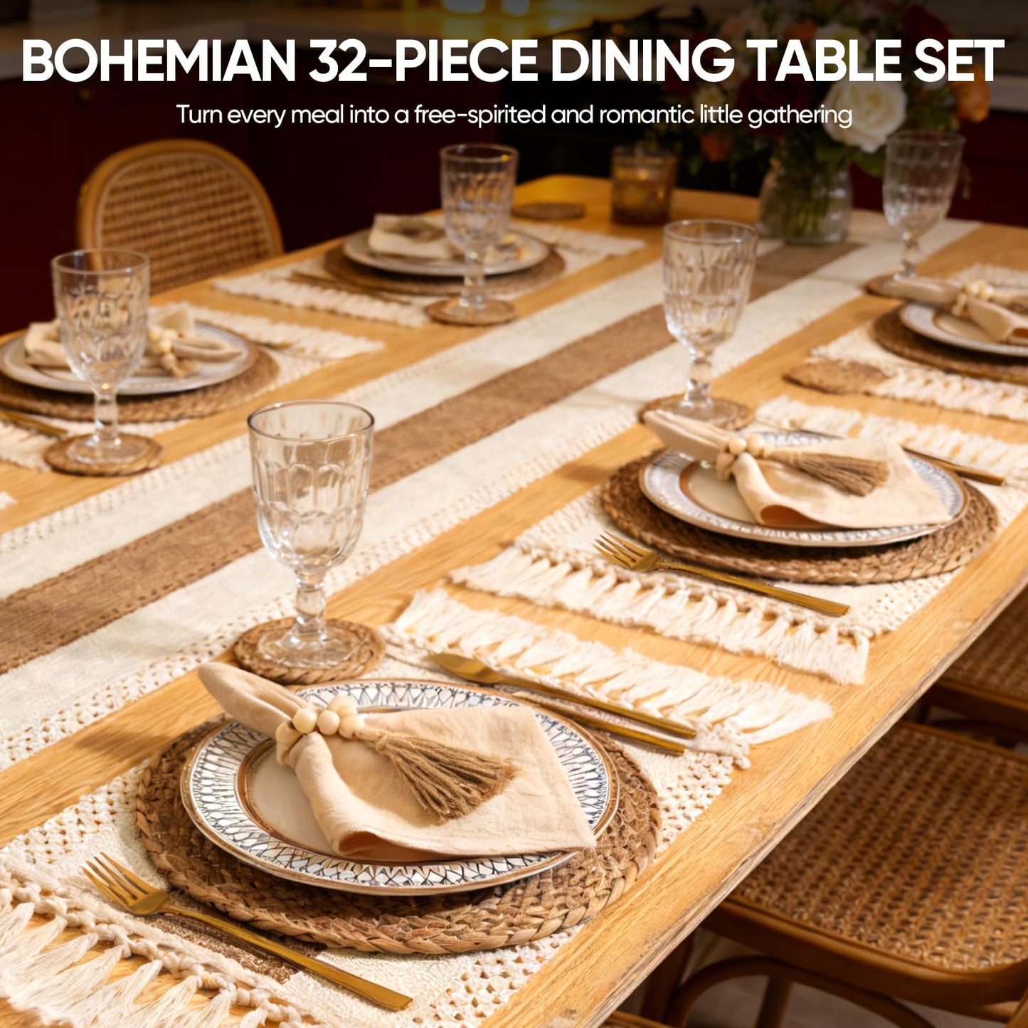 Swiscena 32 Pcs Boho Placemats Table Setting Set (6 Sets),Hand-Woven Natural Water Hyacinth Mats,Cloth Napkins,Napkin Rings,Linen Runner,Storage Basket&Coasters,Boho Kitchen Decor Dining Table Decor