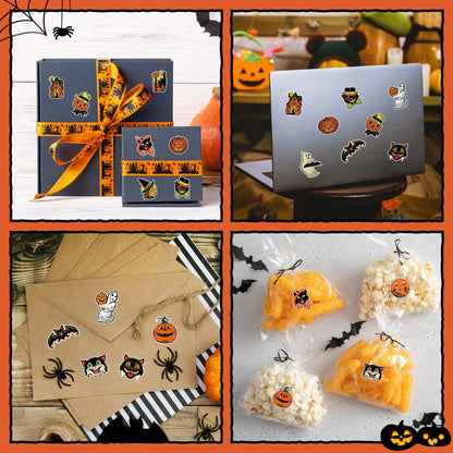 L1rabe Halloween Vintage Sticker Rolls - 1000 Piece Christmas Retro Self-Adhesive Stickers with 16 Designs, Including Pumpkin Black Cat Ghost Witche Decals for Notebooks Scrapbooking Laptop Cup