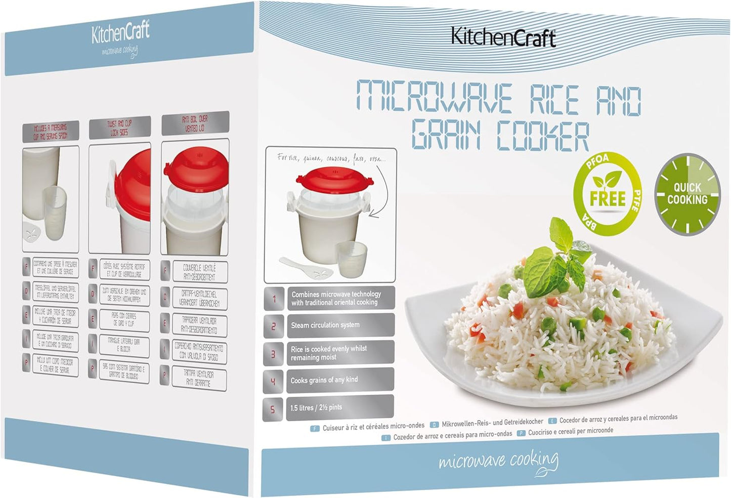 KitchenCraft Rice Cooker, Microwave Steamer, 1.5 Litre, BPA Free Plastic, White/Red