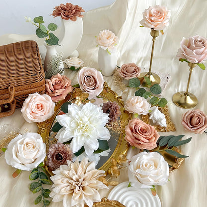 Artificial Flowers Combo Box Set Terracotta Silk Roses Dahlia with Stems DIY Bridal Wedding Bouquets Cake Gold Boho Nude Beige Fake Floral Arrangements Baby Shower Party Table Centerpieces Home Decor